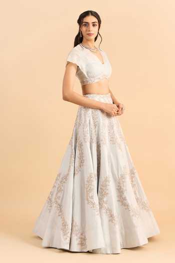 Shop_Roohbyridhimaa_Blue Organza, Embroidery, Zari V-neck Seher Lehenga And Blouse Set _Online_at_Aza_Fashions