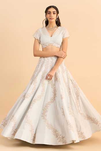 Roohbyridhimaa_Blue Organza, Embroidery, Zari V-neck Seher Lehenga And Blouse Set _at_Aza_Fashions