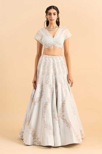 Shop_Roohbyridhimaa_Blue Organza, Embroidery, Zari V-neck Seher Lehenga And Blouse Set 
