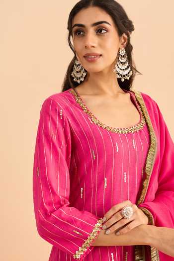Buy_Roohbyridhimaa_Fuchsia Silk, Organza, Chanderi Sequins, Pink Chahat Embroidered Anarkali Set _Online_at_Aza_Fashions