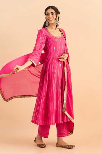 Shop_Roohbyridhimaa_Fuchsia Silk, Organza, Chanderi Sequins, Pink Chahat Embroidered Anarkali Set _Online_at_Aza_Fashions