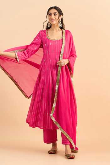 Roohbyridhimaa_Fuchsia Silk, Organza, Chanderi Sequins, Pink Chahat Embroidered Anarkali Set _at_Aza_Fashions