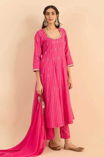 Buy_Roohbyridhimaa_Fuchsia Silk, Organza, Chanderi Sequins, Pink Chahat Embroidered Anarkali Set 
