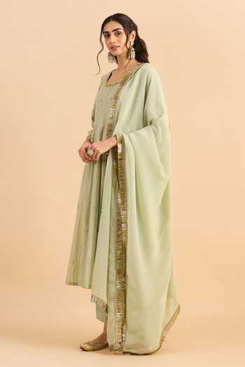 Roohbyridhimaa_Green Silk, Organza, Chanderi Embroidery, Sequins Scoop Chahat Anarkali Set _Online_at_Aza_Fashions