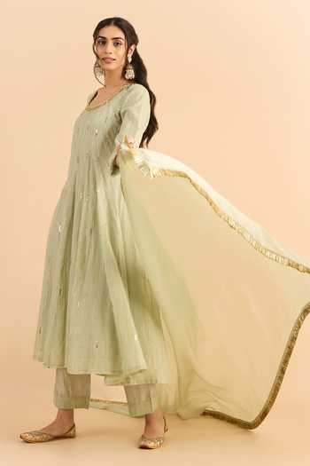 Buy_Roohbyridhimaa_Green Silk, Organza, Chanderi Embroidery, Sequins Scoop Chahat Anarkali Set _Online_at_Aza_Fashions