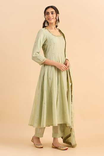 Shop_Roohbyridhimaa_Green Silk, Organza, Chanderi Embroidery, Sequins Scoop Chahat Anarkali Set _Online_at_Aza_Fashions