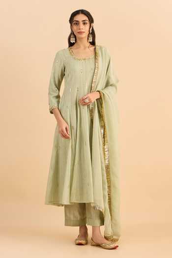 Buy_Roohbyridhimaa_Green Silk, Organza, Chanderi Embroidery, Sequins Scoop Chahat Anarkali Set 