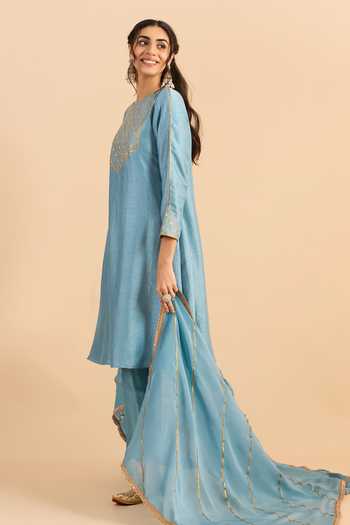 Roohbyridhimaa_Blue Silk, Viscose, Organza Zari, Gota Patti Jaziraa Yoke Embroidered Kurta Set _Online_at_Aza_Fashions