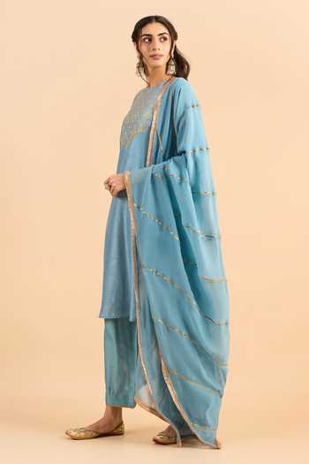 Buy_Roohbyridhimaa_Blue Silk, Viscose, Organza Zari, Gota Patti Jaziraa Yoke Embroidered Kurta Set _Online_at_Aza_Fashions