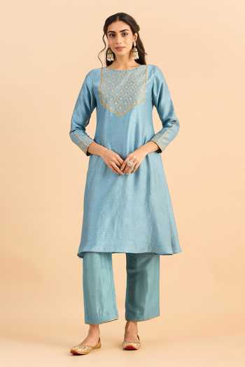 Shop_Roohbyridhimaa_Blue Silk, Viscose, Organza Zari, Gota Patti Jaziraa Yoke Embroidered Kurta Set _Online_at_Aza_Fashions