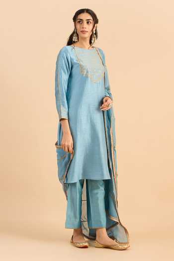 Buy_Roohbyridhimaa_Blue Silk, Viscose, Organza Zari, Gota Patti Jaziraa Yoke Embroidered Kurta Set 