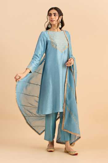Shop_Roohbyridhimaa_Blue Silk, Viscose, Organza Zari, Gota Patti Jaziraa Yoke Embroidered Kurta Set 