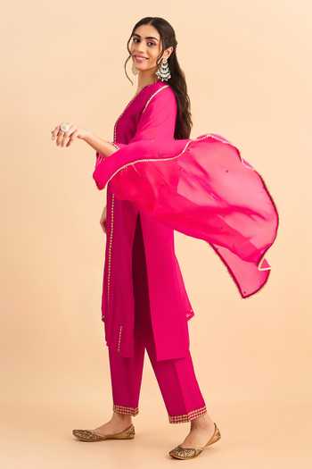 Roohbyridhimaa_Fuchsia Silk, Organza, Viscose Embroidery, Zari, Mirrors Pink Raafta Kurta Set _Online_at_Aza_Fashions