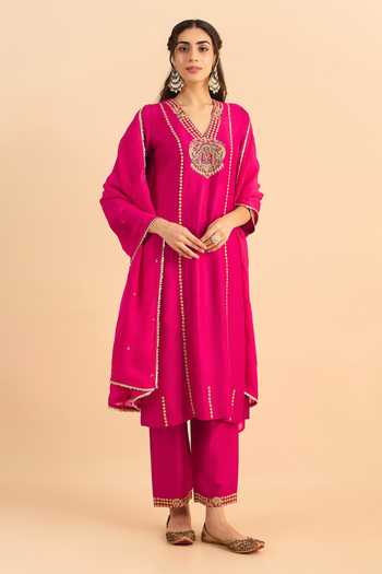 Buy_Roohbyridhimaa_Fuchsia Silk, Organza, Viscose Embroidery, Zari, Mirrors Pink Raafta Kurta Set _Online_at_Aza_Fashions