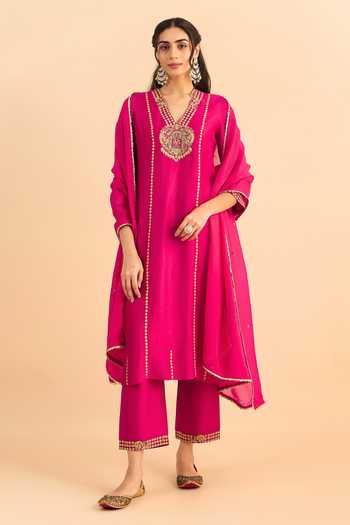 Roohbyridhimaa_Fuchsia Silk, Organza, Viscose Embroidery, Zari, Mirrors Pink Raafta Kurta Set _at_Aza_Fashions