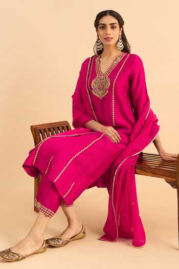 Buy_Roohbyridhimaa_Fuchsia Silk, Organza, Viscose Embroidery, Zari, Mirrors Pink Raafta Kurta Set 