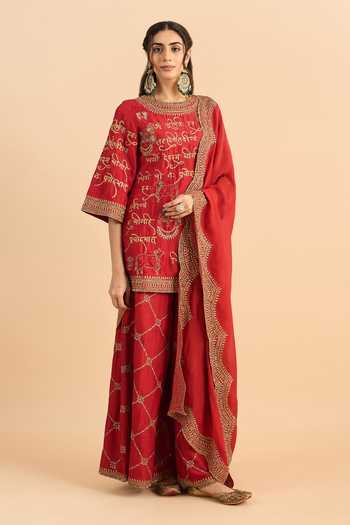 Shop_Roohbyridhimaa_Red Silk, Organza, Viscose Embroidery, Zari Round Neck Mehrban Kurta Set _Online_at_Aza_Fashions