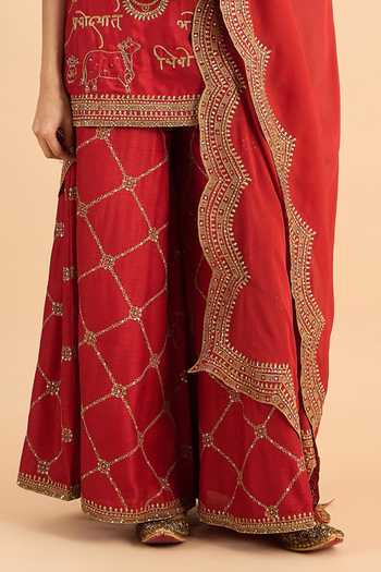 Roohbyridhimaa_Red Silk, Organza, Viscose Embroidery, Zari Round Neck Mehrban Kurta Set _at_Aza_Fashions