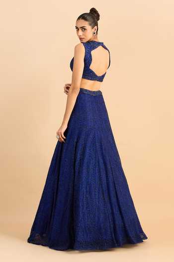 Roohbyridhimaa_Blue Net Embroidery, Beads High Neck Aasma Hand Lehenga Set _Online_at_Aza_Fashions