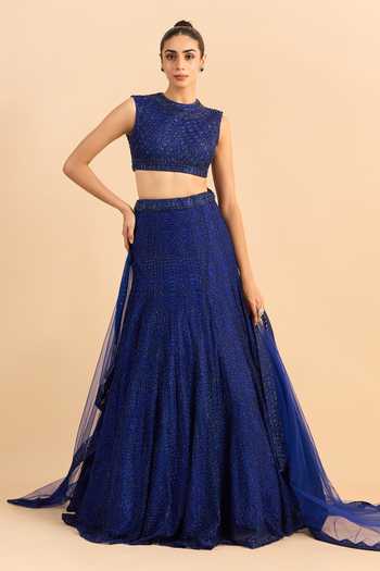 Buy_Roohbyridhimaa_Blue Net Embroidery, Beads High Neck Aasma Hand Lehenga Set _Online_at_Aza_Fashions