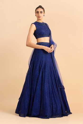 Shop_Roohbyridhimaa_Blue Net Embroidery, Beads High Neck Aasma Hand Lehenga Set _Online_at_Aza_Fashions