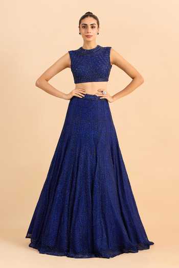 Roohbyridhimaa_Blue Net Embroidery, Beads High Neck Aasma Hand Lehenga Set _at_Aza_Fashions