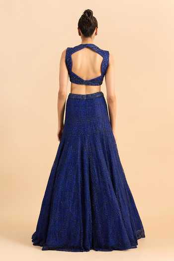 Buy_Roohbyridhimaa_Blue Net Embroidery, Beads High Neck Aasma Hand Lehenga Set 