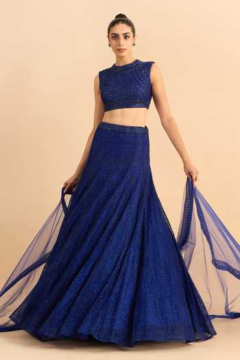 Shop_Roohbyridhimaa_Blue Net Embroidery, Beads High Neck Aasma Hand Lehenga Set 