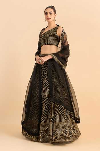 Roohbyridhimaa_Black Organza, Net Embroidery, Sequins, Zardozi One Dilkash Blouse Lehenga Set _Online_at_Aza_Fashions