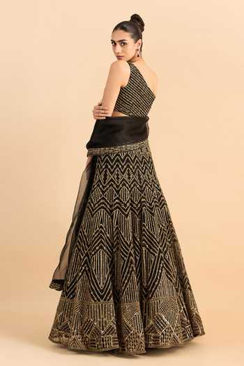 Shop_Roohbyridhimaa_Black Organza, Net Embroidery, Sequins, Zardozi One Dilkash Blouse Lehenga Set _Online_at_Aza_Fashions