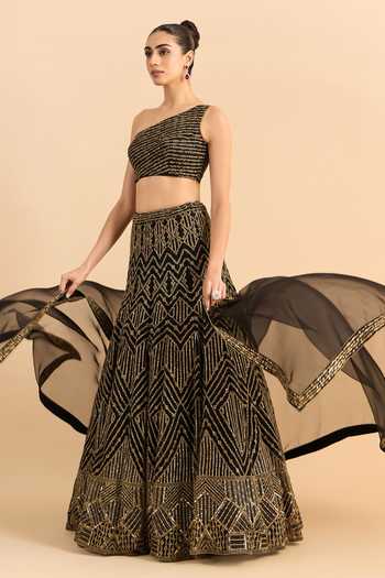 Buy_Roohbyridhimaa_Black Organza, Net Embroidery, Sequins, Zardozi One Dilkash Blouse Lehenga Set 