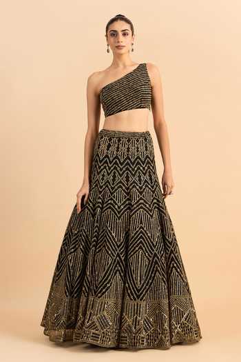 Shop_Roohbyridhimaa_Black Organza, Net Embroidery, Sequins, Zardozi One Dilkash Blouse Lehenga Set 