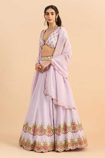 Roohbyridhimaa_Purple Silk, Organza, Viscose Embroidery V-neck Zaria Floral Lehenga Set _Online_at_Aza_Fashions