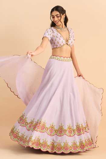 Buy_Roohbyridhimaa_Purple Silk, Organza, Viscose Embroidery V-neck Zaria Floral Lehenga Set _Online_at_Aza_Fashions