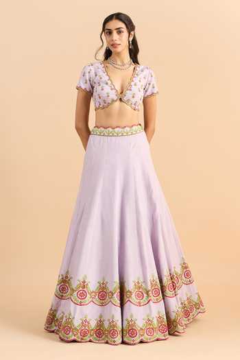 Shop_Roohbyridhimaa_Purple Silk, Organza, Viscose Embroidery V-neck Zaria Floral Lehenga Set _Online_at_Aza_Fashions