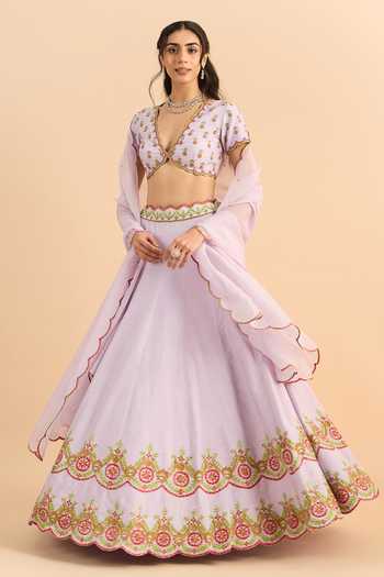Roohbyridhimaa_Purple Silk, Organza, Viscose Embroidery V-neck Zaria Floral Lehenga Set _at_Aza_Fashions