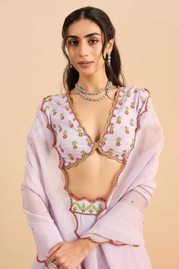 Buy_Roohbyridhimaa_Purple Silk, Organza, Viscose Embroidery V-neck Zaria Floral Lehenga Set 
