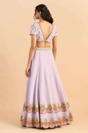 Shop_Roohbyridhimaa_Purple Silk, Organza, Viscose Embroidery V-neck Zaria Floral Lehenga Set 