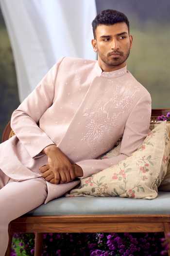 Buy_Aariyana Couture_Peach Embroidery Self Bandhgala Set 