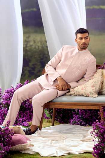 Shop_Aariyana Couture_Peach Embroidery Self Bandhgala Set 