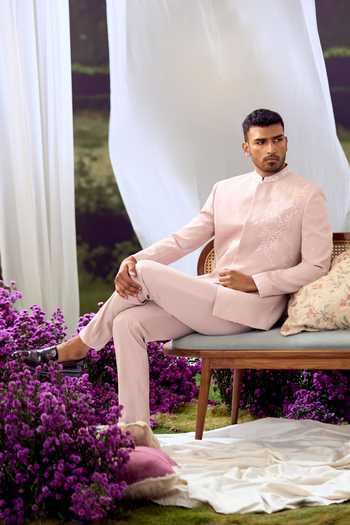 Buy_Aariyana Couture_Peach Embroidery Self Bandhgala Set _Online_at_Aza_Fashions