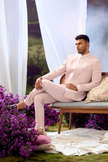 Shop_Aariyana Couture_Peach Embroidery Self Bandhgala Set _Online_at_Aza_Fashions