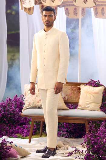Buy_Aariyana Couture_Beige Jute Bandhgala And Trouser Set _Online_at_Aza_Fashions