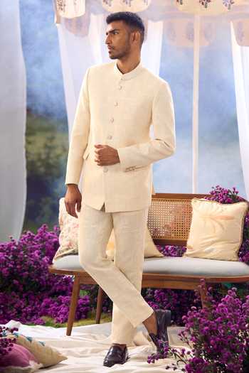 Shop_Aariyana Couture_Beige Jute Bandhgala And Trouser Set _Online_at_Aza_Fashions