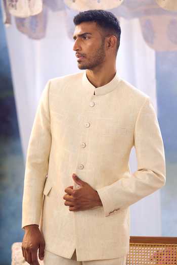 Aariyana Couture_Beige Jute Bandhgala And Trouser Set _at_Aza_Fashions