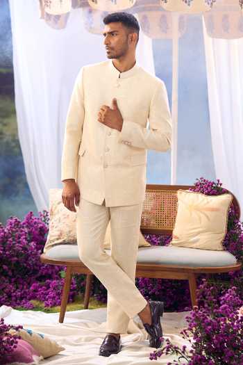 Buy_Aariyana Couture_Beige Jute Bandhgala And Trouser Set 