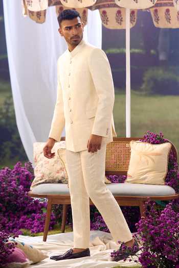 Shop_Aariyana Couture_Beige Jute Bandhgala And Trouser Set 