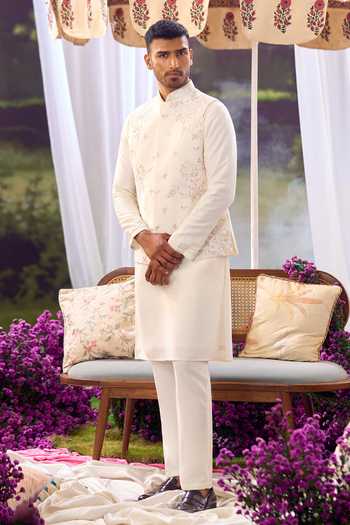Shop_Aariyana Couture_White Silk, Cotton Embroidery Nehru Jacket And Kurta Set _Online_at_Aza_Fashions