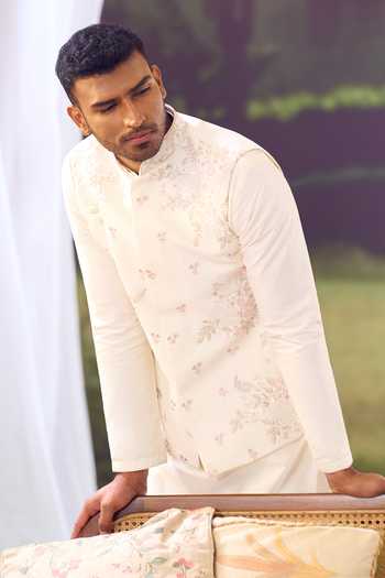Aariyana Couture_White Silk, Cotton Embroidery Nehru Jacket And Kurta Set _at_Aza_Fashions
