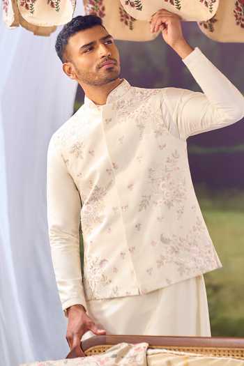 Buy_Aariyana Couture_White Silk, Cotton Embroidery Nehru Jacket And Kurta Set 